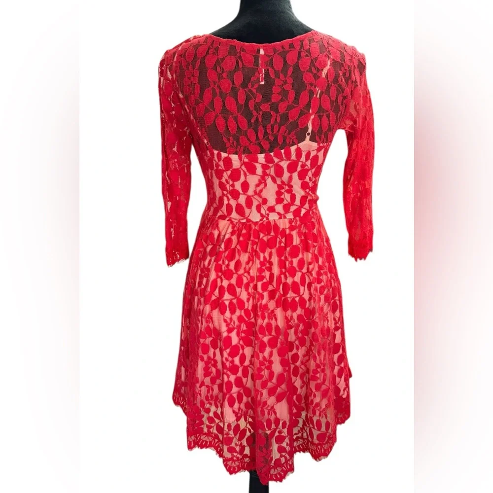 Free People Vibrant Red Lace Mini Dress Size 4 - Picture 6 of 12